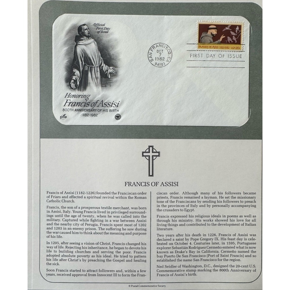 1982 Francis of Assisi First Day Cover FDC 20¢ Stamp ArtCraft 800th Anniversary
